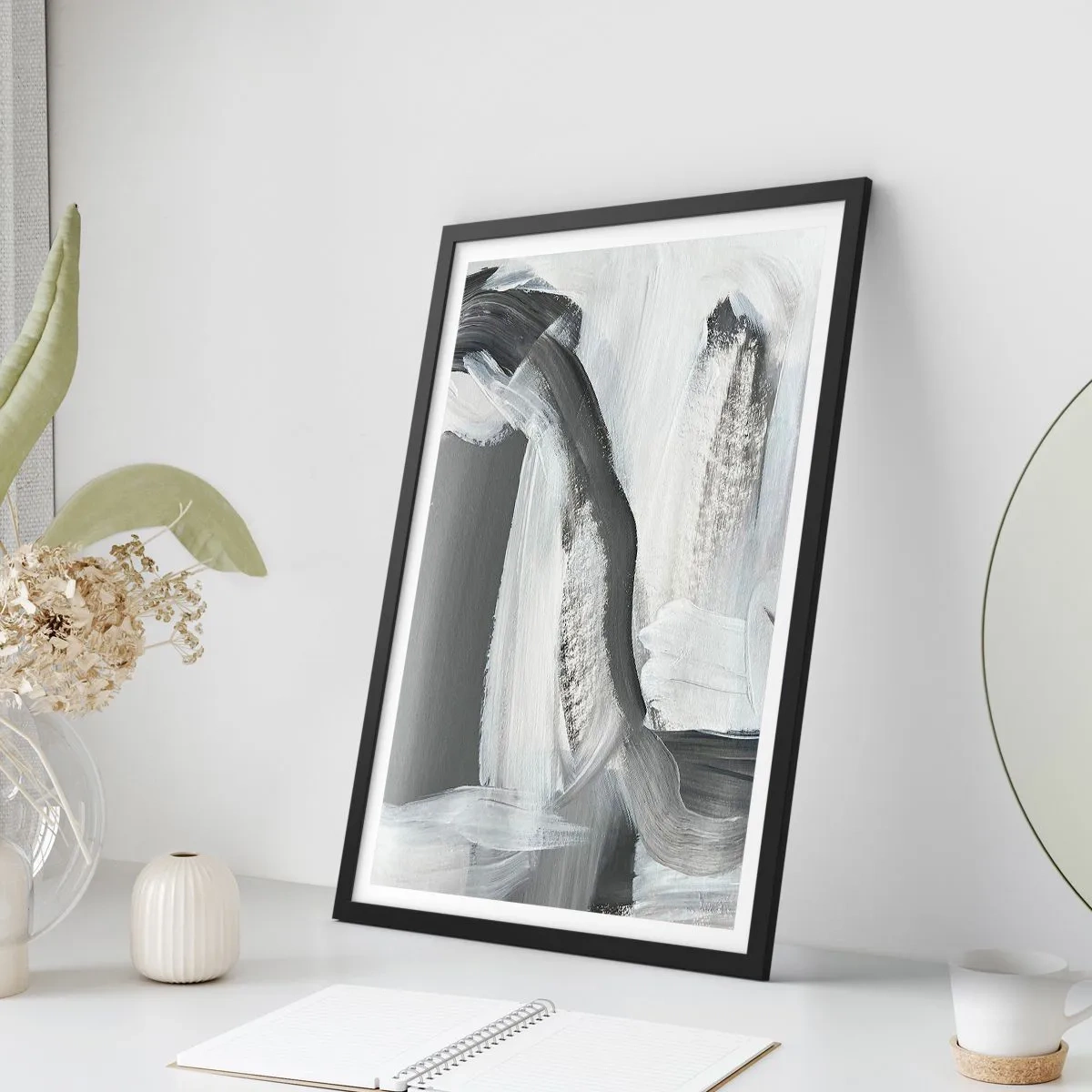 Poster in cornice nera - Composizione astratta di nero, bianco e grigio - 50x70cm - Movimento deciso - Decorazione murale moderna per soggiorno e camera da letto ARTTOR