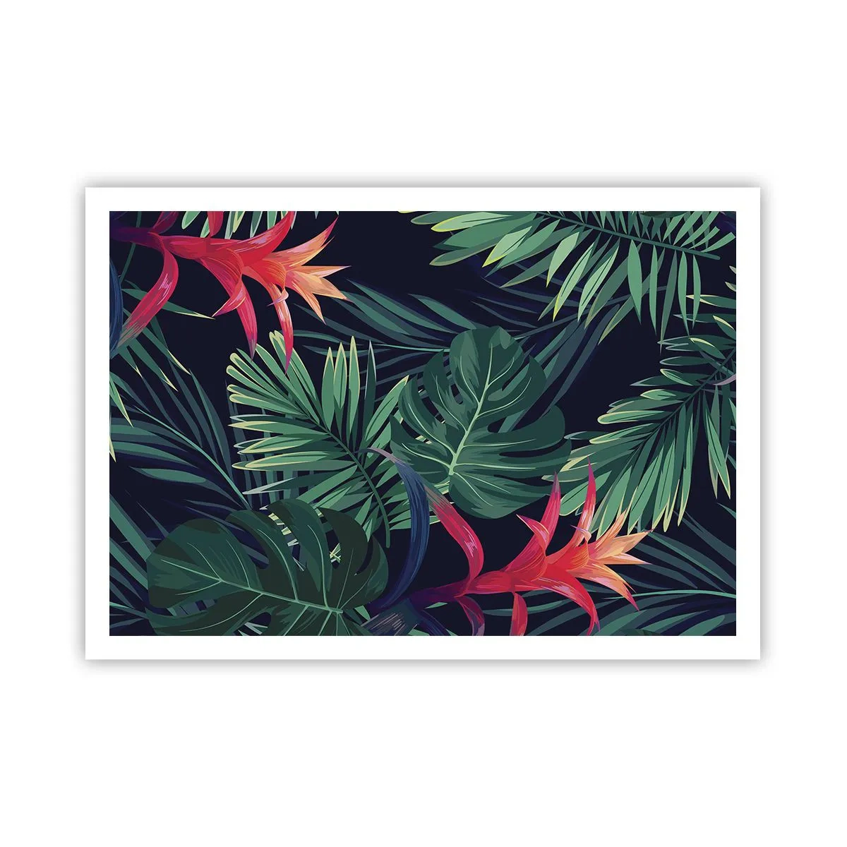 Poster - Foglie e fiori tropicali su sfondo scuro - 100x70cm - Fiammante nel verde - Decorazione murale moderna per soggiorno e camera da letto ARTTOR