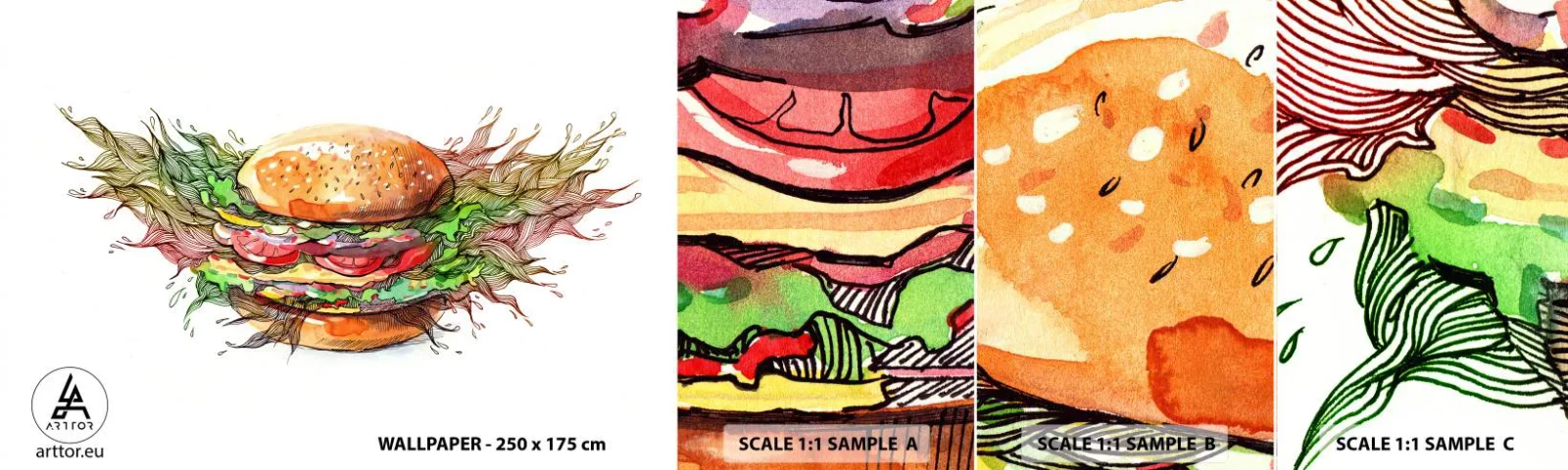 Campione di Fotomurale Adesivo Deluxe Sticker - Una tentazione calda - Gastronomia, Hamburger, Culinario - 100x30 cm