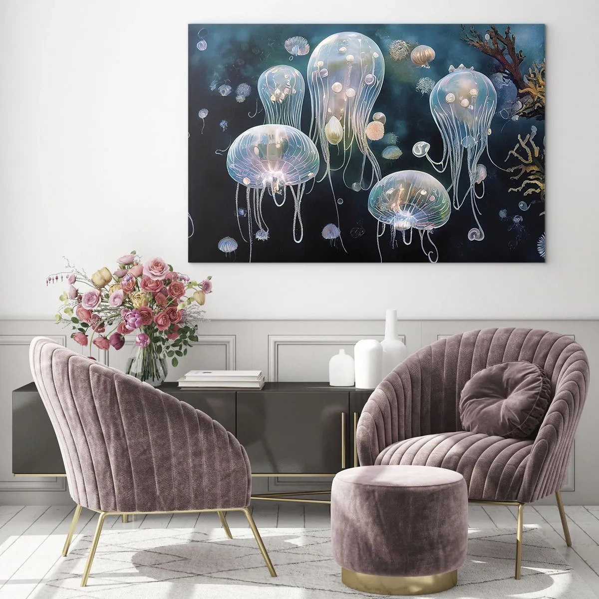 Quadro su vetro - Meduse nella danza luminosa del mondo sottomarino - 70x50cm - Danza sottomarina - Decorazione murale moderna per soggiorno e camera da letto ARTTOR