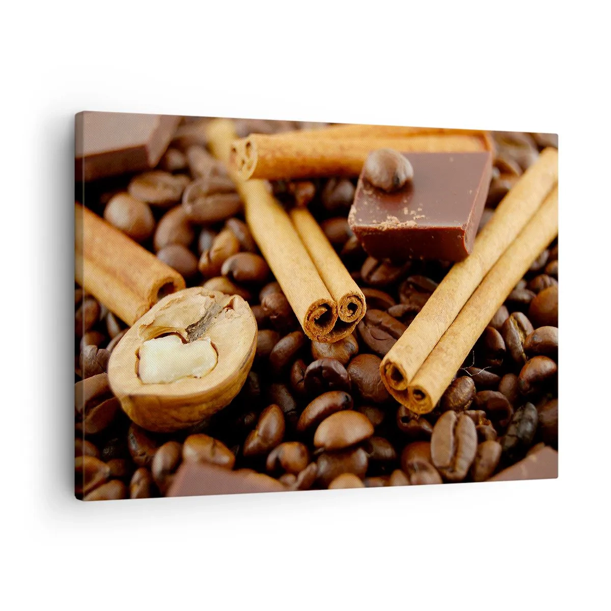 Quadro su tela - Stampe su Tela - Chicchi di caffè con bastoncini di cannella, cioccolato e noci. - 70x50cm - Concerto di sapori - Decorazione murale moderna per soggiorno e camera da letto ARTTOR