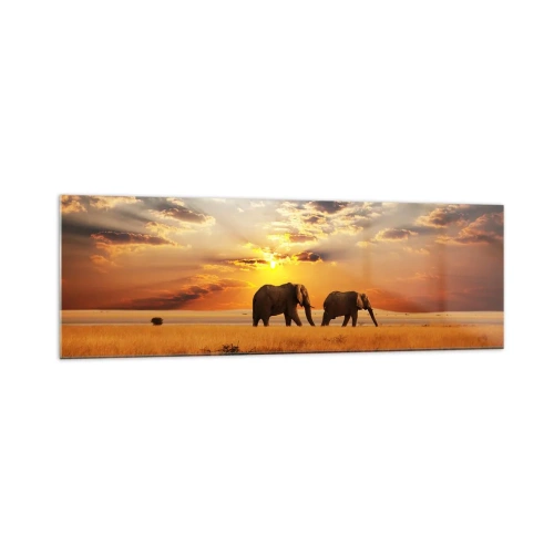 Quadro su vetro - Elefanti nella savana al tramonto - 160x50cm - Passeggiata familiare - Decorazione murale moderna per soggiorno e camera da letto ARTTOR