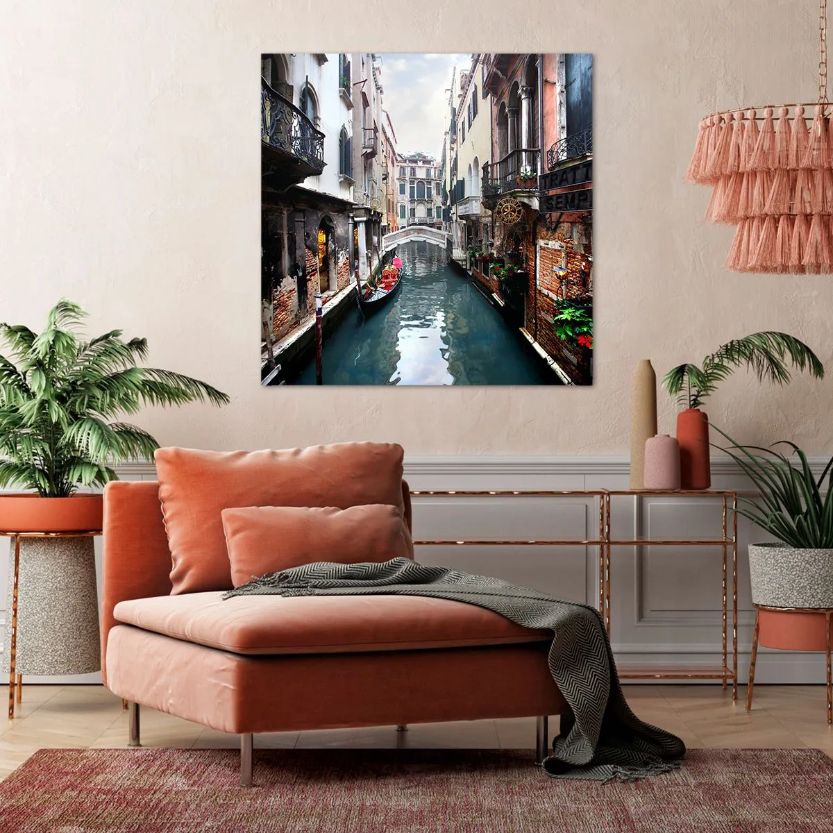 Quadro su tela - Stampe su Tela - Paesaggio veneziano con gondola e ponte - 60x60 cm