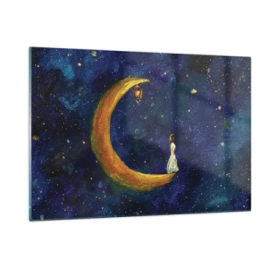 Quadro su vetro - Una figura sulla luna nel cielo notturno - 120x80cm - Il richiamo del mondo - Decorazione murale moderna per soggiorno e camera da letto ARTTOR