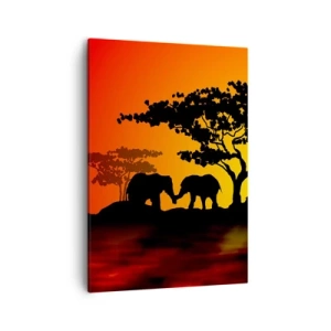 Quadro su tela - Stampe su Tela - Tramonto africano con sagome di elefanti e giraffe sull'acqua - 50x70cm - Incontro nella savana - Decorazione murale moderna per soggiorno e camera da letto ARTTOR