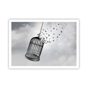 Poster - Uccelli che volano fuori da una gabbia contro il cielo - 100x70cm - Fede... Speranza... Libertà! - Decorazione murale moderna per soggiorno e camera da letto ARTTOR