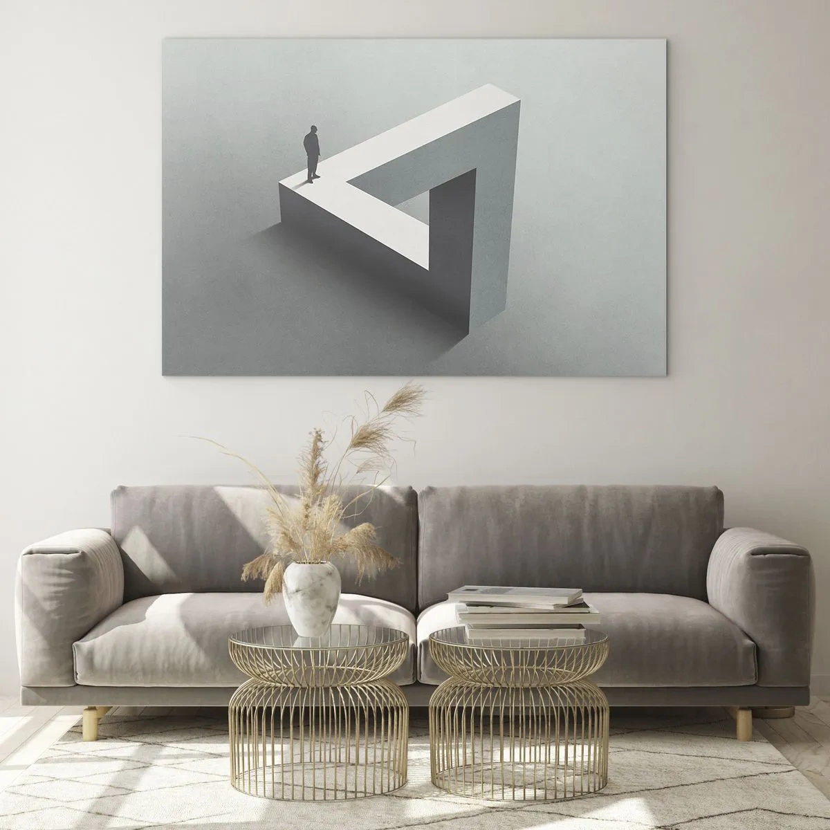 Quadro su vetro - Una figura su una struttura geometrica nello stile di un'illusione ottica - 120x80cm - Eppure è possibile - Decorazione murale moderna per soggiorno e camera da letto ARTTOR