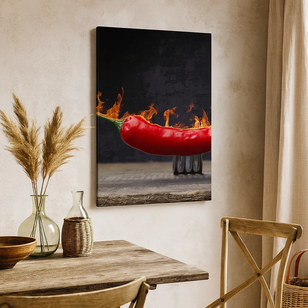 Quadro su tela - Stampe su Tela - Peperone rosso fiammeggiante su una forchetta - 50x70cm - Stuzzichino infuocato - Decorazione murale moderna per soggiorno e camera da letto ARTTOR