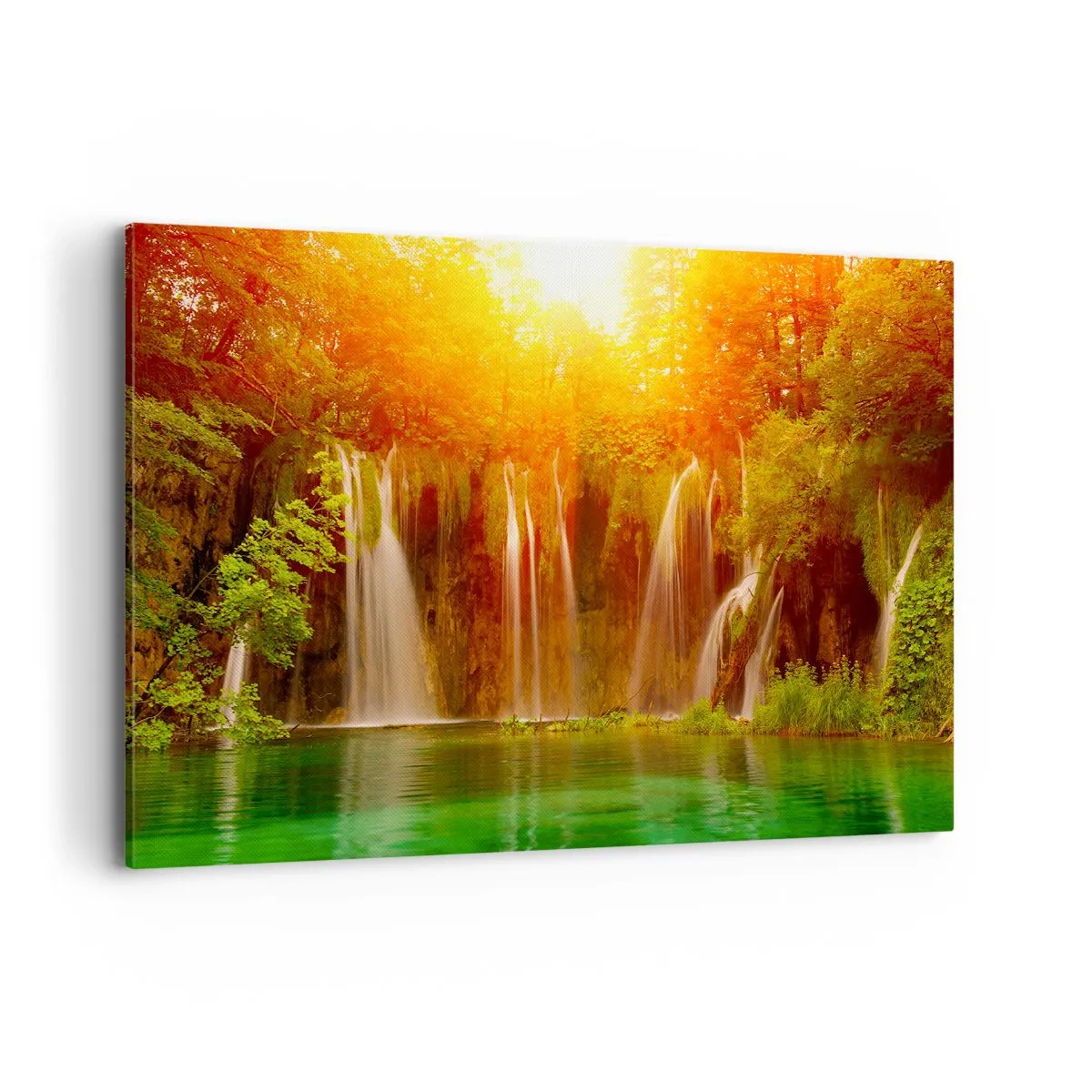 Quadro su tela - Stampe su Tela - Cascate immerse nel verde al chiarore del sole al tramonto - 120x80cm - Al sole e all'ombra - Decorazione murale moderna per soggiorno e camera da letto ARTTOR