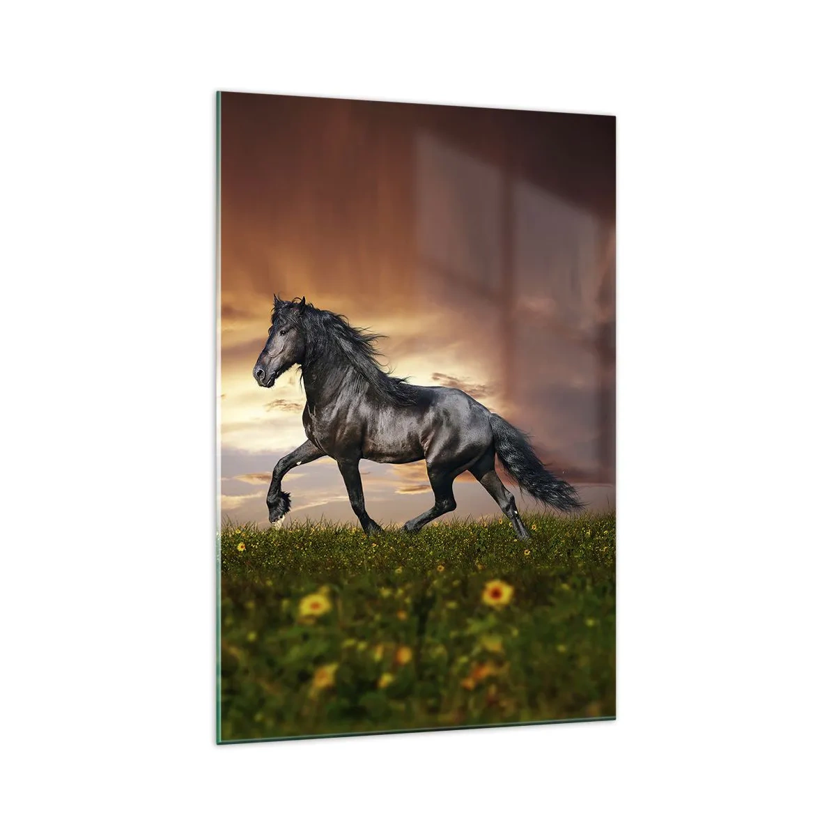 Quadro su vetro - Un cavallo nero che galoppa contro il sole al tramonto - 70x100cm - Il principe nero - Decorazione murale moderna per soggiorno e camera da letto ARTTOR