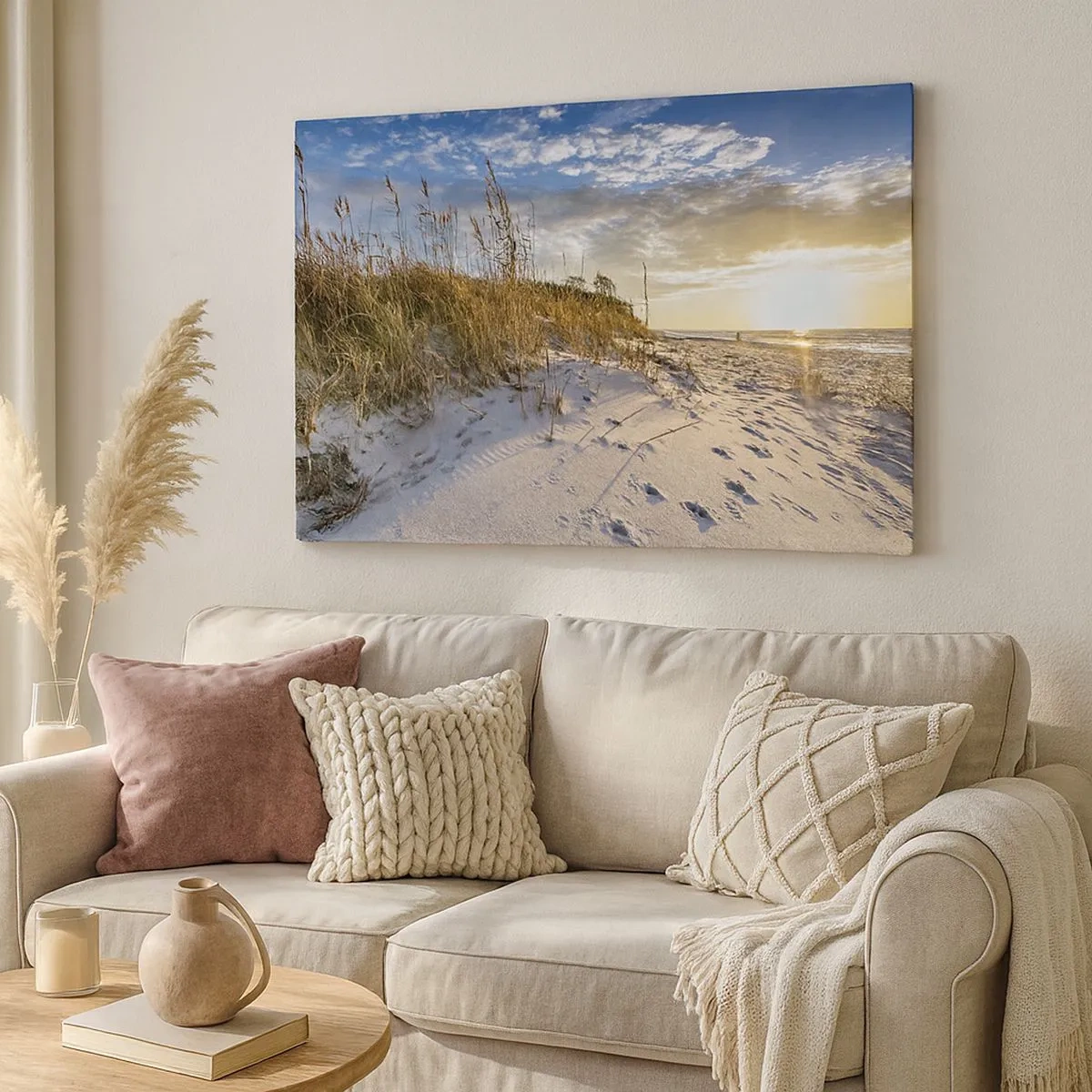 Quadro su tela - Stampe su Tela - Dune con erba e impronte nella sabbia al tramonto - 70x50cm - Invito a passeggiare - Decorazione murale moderna per soggiorno e camera da letto ARTTOR