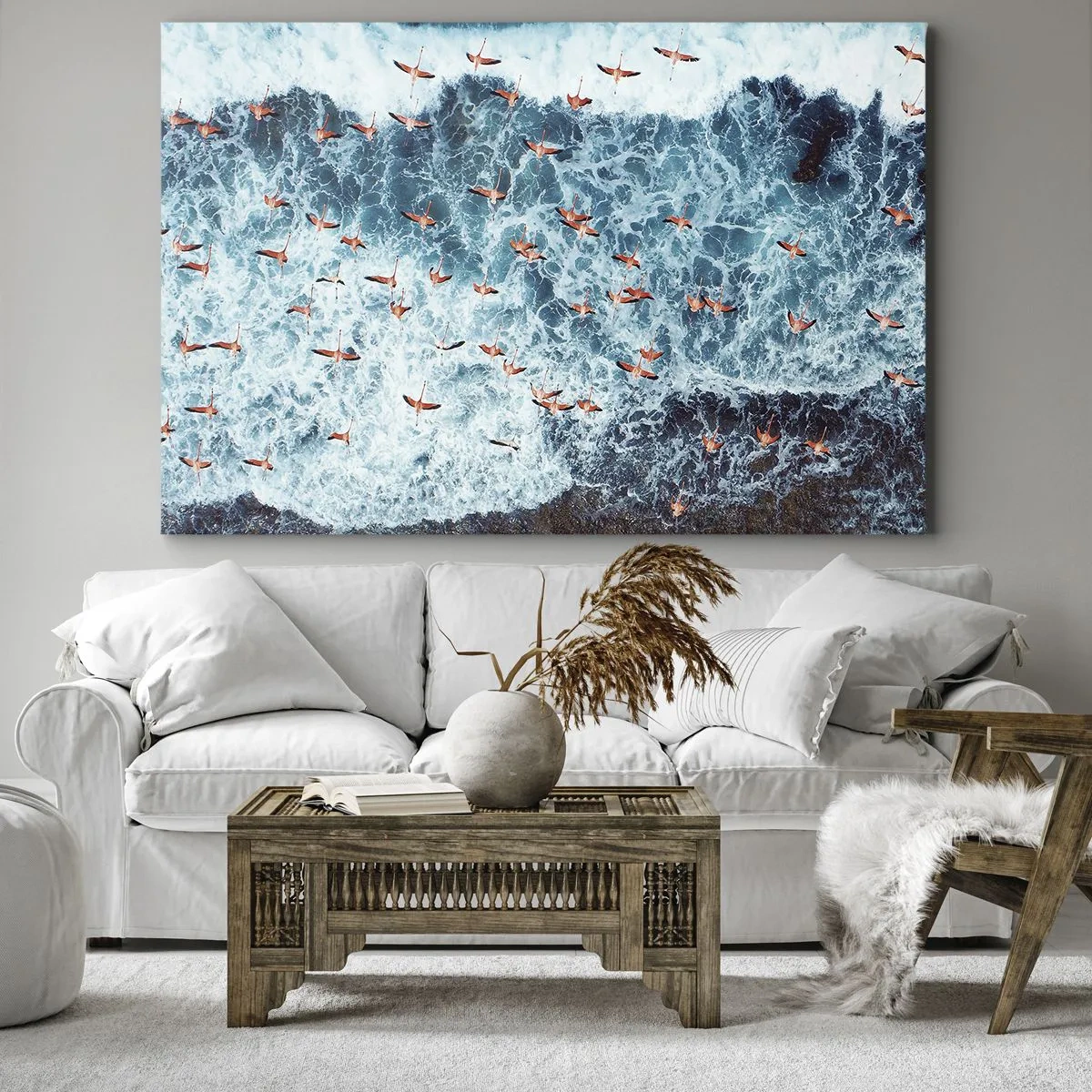 Quadro su tela - Stampe su Tela - Una vista a volo d'uccello di fenicotteri rosa su un oceano blu - 120x80cm - Parata sotto il mare - Decorazione murale moderna per soggiorno e camera da letto ARTTOR