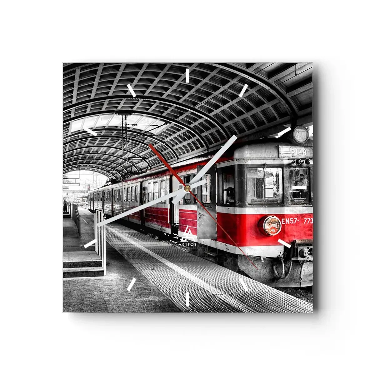 Orologio da parete - Orologio in Vetro - Trenino rosso alla stazione sotto un tetto - 30x30cm - Sarà il viaggio della propria vita? - Decorazione murale moderna per soggiorno e camera da letto ARTTOR