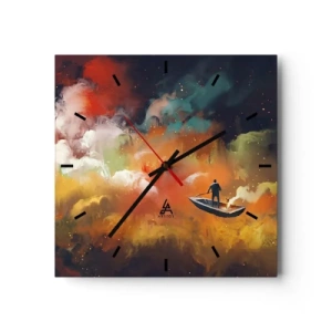 Orologio da parete - Orologio in Vetro - Una figura in una barca su uno sfondo di nuvole colorate - 30x30cm - In barca attraverso la galassia - Decorazione murale moderna per soggiorno e camera da letto ARTTOR