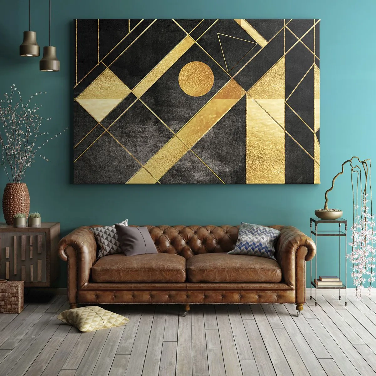 Quadro su tela - Stampe su Tela - Forme geometriche nei toni dell'oro e del nero - 120x80cm - Sole del deserto - Decorazione murale moderna per soggiorno e camera da letto ARTTOR