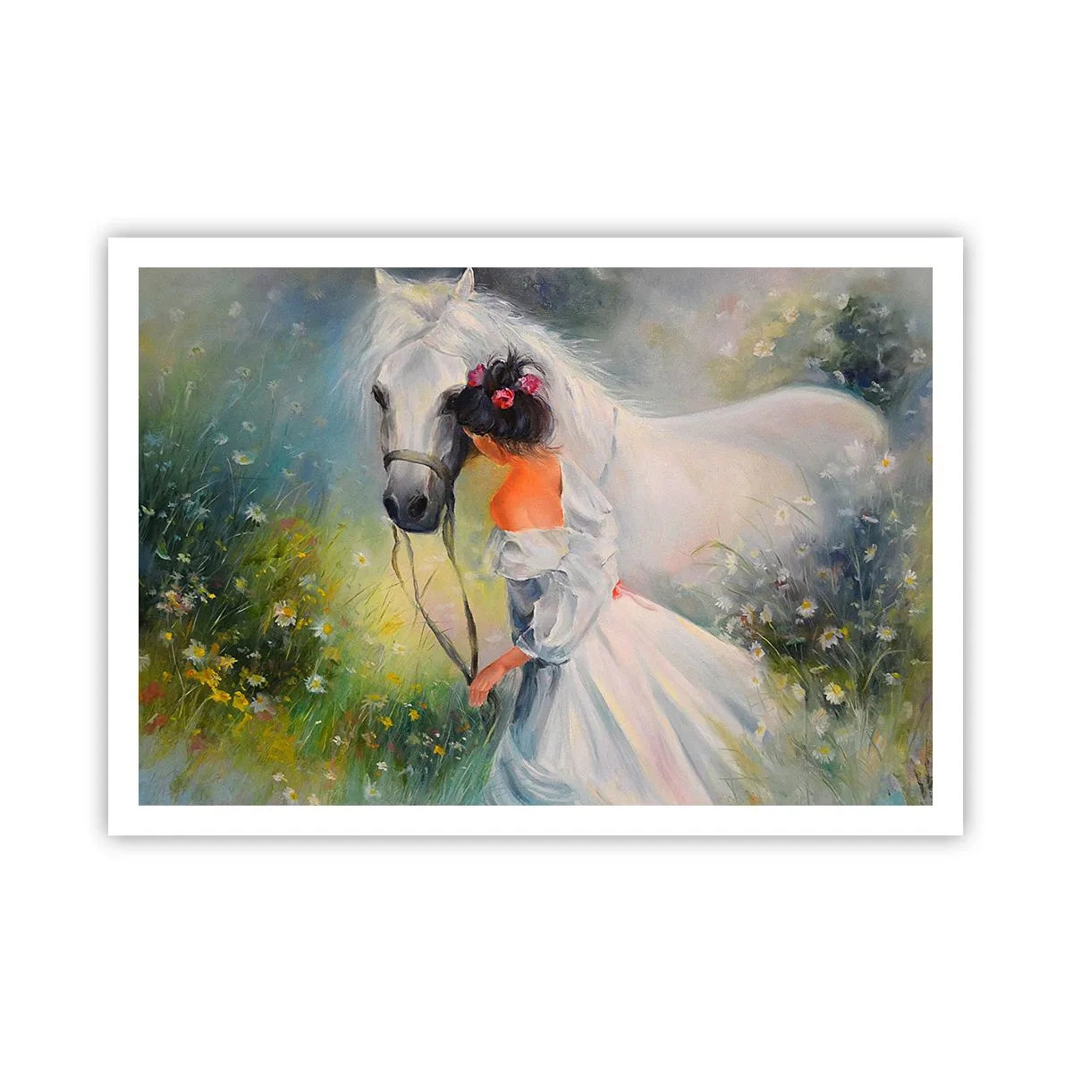 Poster - Una donna con un cavallo bianco in un ambiente pittoresco - 100x70cm - Come in un bel sogno - Decorazione murale moderna per soggiorno e camera da letto ARTTOR
