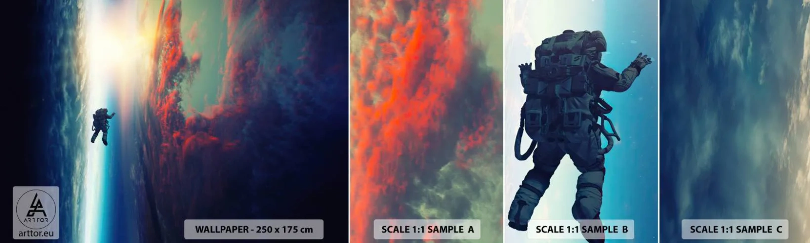 Campione di Fotomurale Adesivo Deluxe Sticker - Affrontando l'universo - Astrazione, Astronauta, Cosmo - 100x30 cm