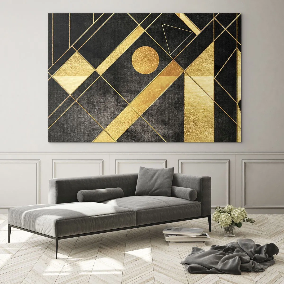Quadro su vetro - Motivi geometrici dorati su sfondo nero - 70x50cm - Sole del deserto - Decorazione murale moderna per soggiorno e camera da letto ARTTOR