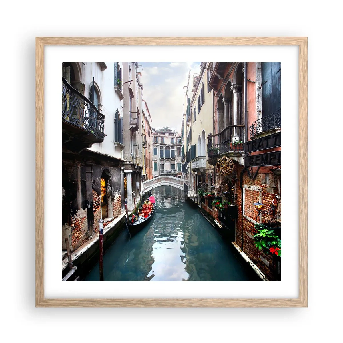 Poster in cornice rovere chiaro - Paesaggio veneziano con gondola e ponte - 50x50 cm