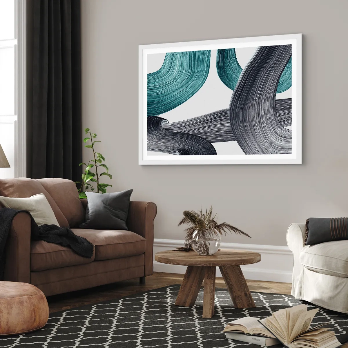 Poster in cornice bianca - Tracce smeraldo e nero - 100x70 cm