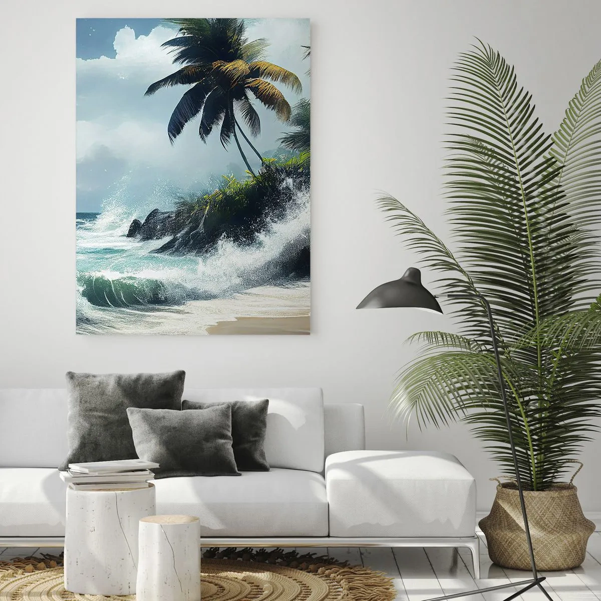 Quadro su vetro - Costa tropicale con palme e mare agitato - 70x100cm - Sulla riva tropicale - Decorazione murale moderna per soggiorno e camera da letto ARTTOR