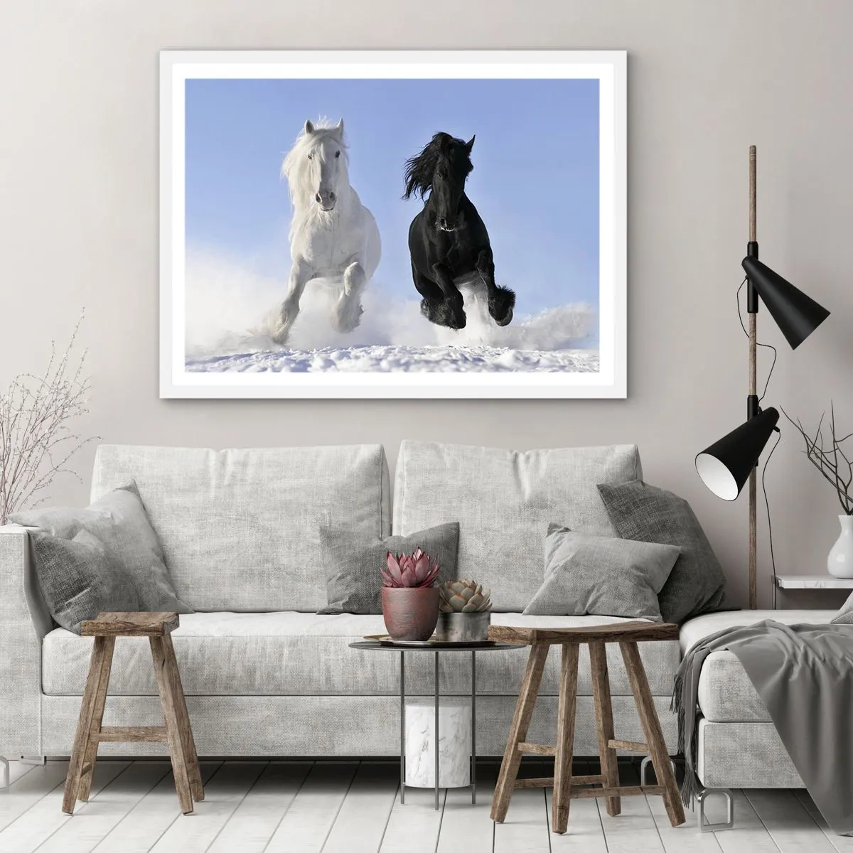 Poster in cornice bianca - Galoppo in bianco e nero - 70x50 cm