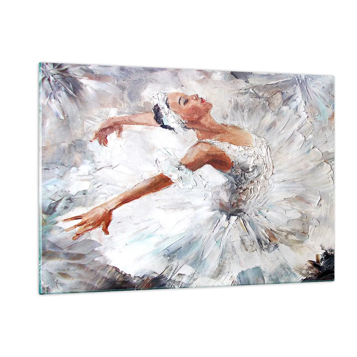 Quadro su vetro - Una ballerina in abito bianco in una posa dinamica - 120x80cm - Delicata e leggera come il tulle - Decorazione murale moderna per soggiorno e camera da letto ARTTOR