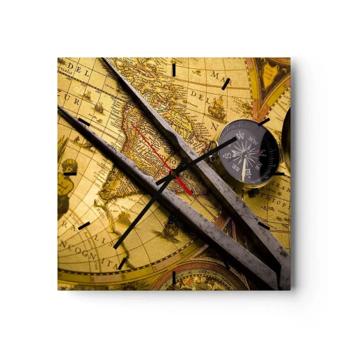 Orologio da parete - Orologio in Vetro - Una mappa del mondo antica con una bussola e un paio di bussole sullo sfondo - 30x30cm - Dove sono questi tesori? - Decorazione murale moderna per soggiorno e camera da letto ARTTOR