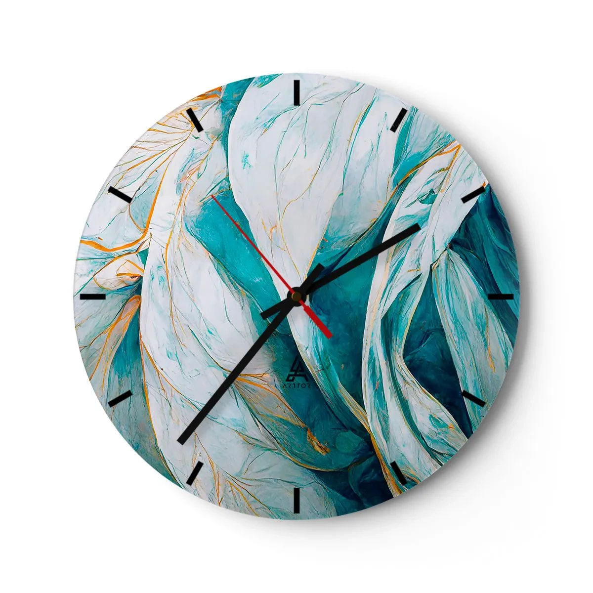 Orologio da parete - Orologio in Vetro - Linee dorate su sfondo blu e bianco dalla consistenza morbida. - 30x30cm - Astrazione blu con motivi d'oro - Decorazione murale moderna per soggiorno, cucina e camera da letto ARTTOR