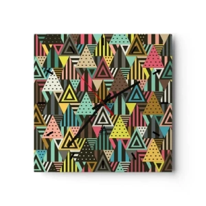 Orologio da parete - Orologio in Vetro - Motivo geometrico colorato con triangoli e linee - 30x30cm - Al ritmo di tre - Decorazione murale moderna per soggiorno e camera da letto ARTTOR