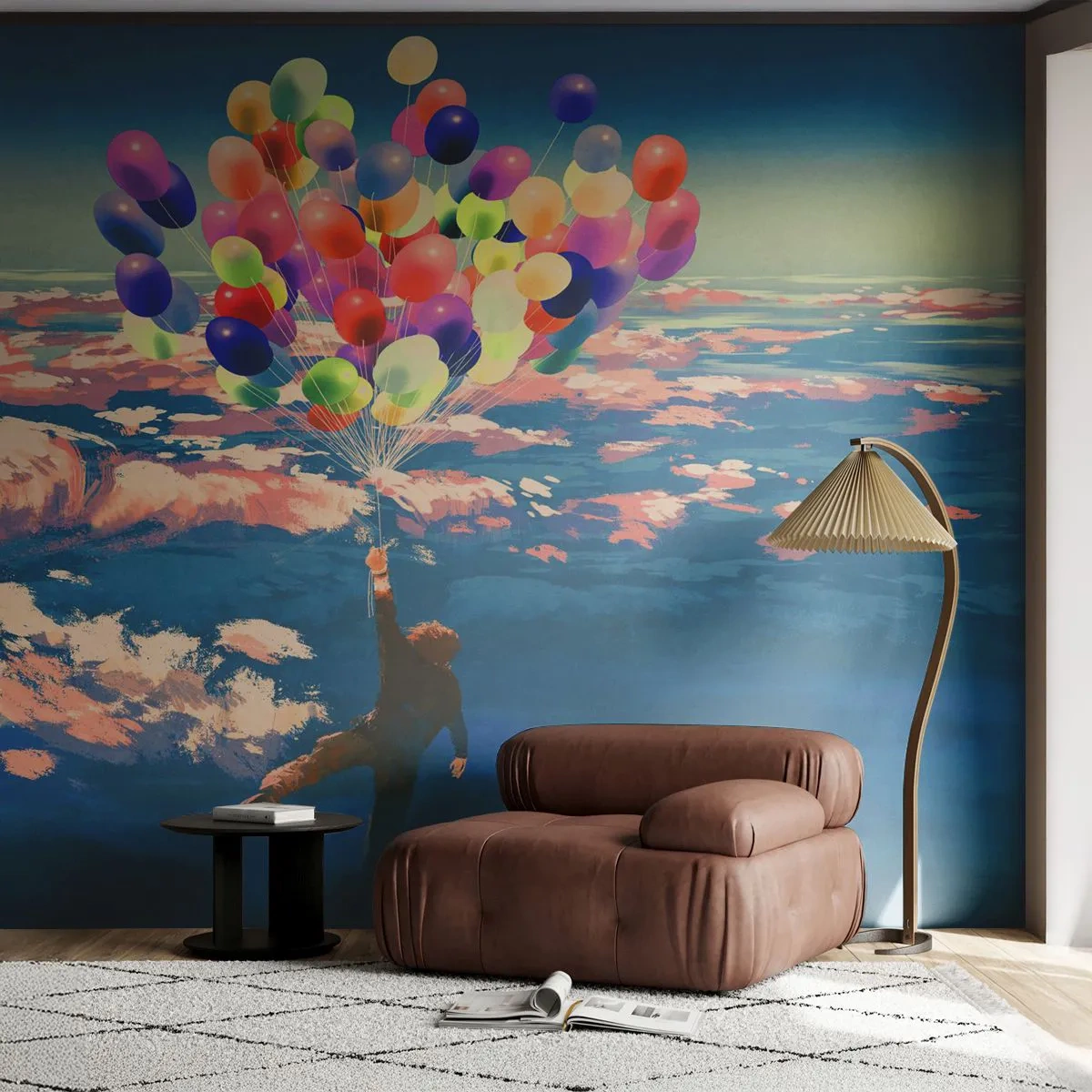 Fotomurali Standard Eco - Un uomo che fluttua nell'aria tenendo in mano dei palloncini - 100x70cm - Il sogno dell'infanzia realizzato - Decorazione murale moderna per soggiorno e camera da letto ARTTOR