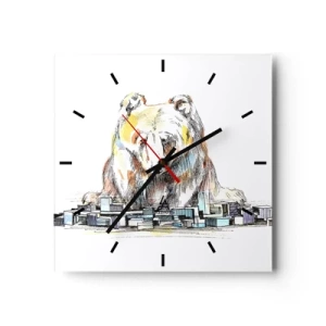 Orologio da parete - Orologio in Vetro - Illustrazione di un orso con dettagli colorati e blocchi - 30x30cm - Come si può vivere così? - Decorazione murale moderna per soggiorno e camera da letto ARTTOR