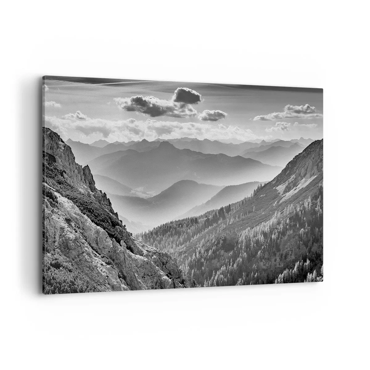Quadro su tela - Stampe su Tela - Paesaggio montano in bianco e nero con nuvole sulle cime - 120x80cm - Fino all'orizzonte - Decorazione murale moderna per soggiorno e camera da letto ARTTOR