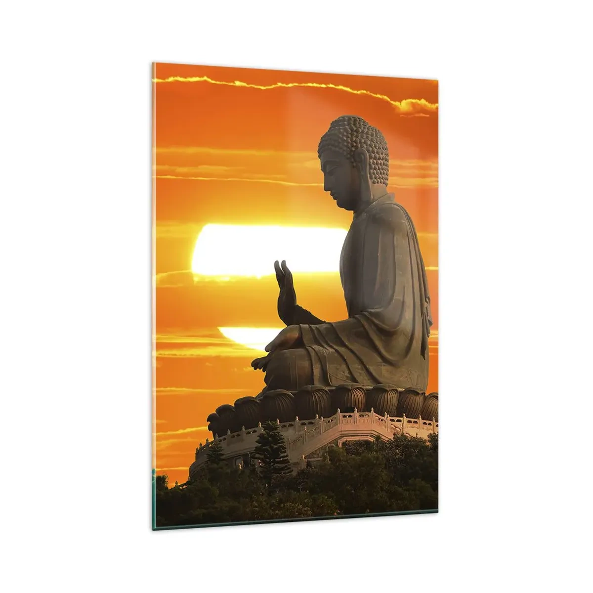 Quadro su vetro - Una statua buddista sullo sfondo di un tramonto arancione - 80x120cm - Senza paura davanti al mondo - Decorazione murale moderna per soggiorno e camera da letto ARTTOR