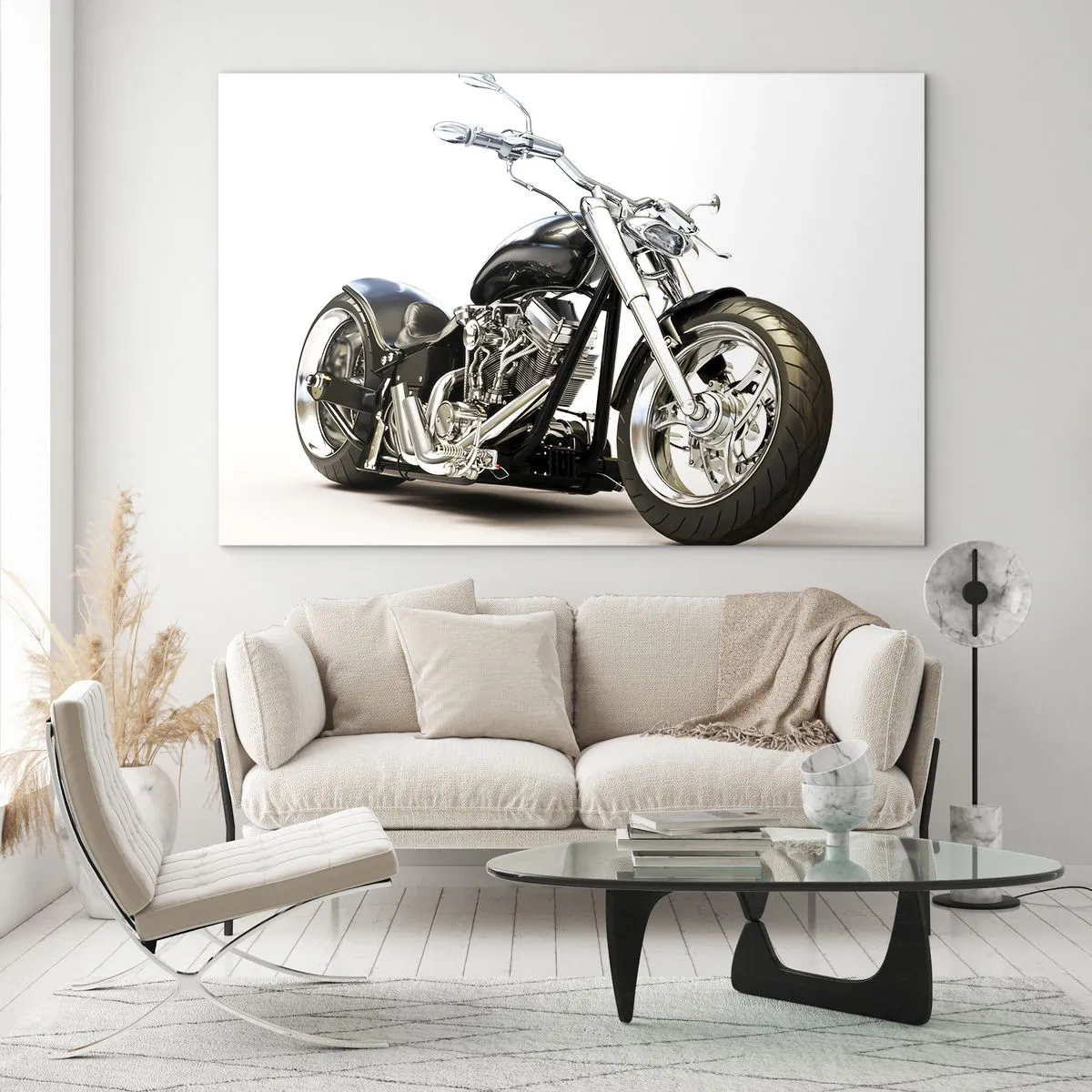Quadro su vetro - Una motocicletta chopper nera su uno sfondo chiaro - 120x80cm - Potenza e carattere - Decorazione murale moderna per soggiorno e camera da letto ARTTOR
