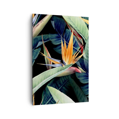 Quadro su tela - Stampe su Tela - Fiori e foglie tropicali su sfondo nero - 70x100cm - I fiori fiammeggianti dei tropici - Decorazione murale moderna per soggiorno e camera da letto ARTTOR