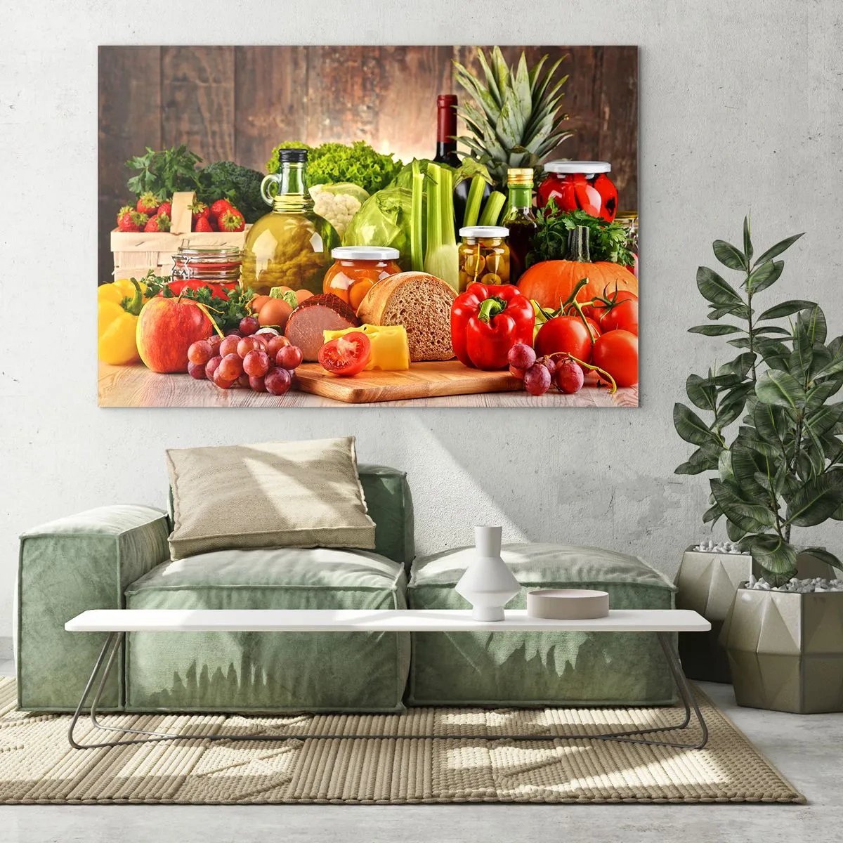 Quadro su vetro - Verdure colorate, frutta, pane e conserve su uno sfondo di legno - 100x70cm - Affumicati, arrostiti, marinati - Decorazione murale moderna per soggiorno e camera da letto ARTTOR