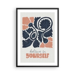 Poster in cornice nera - Fiori stilizzati in blu navy e rosa con un'iscrizione stimolante - 50x70cm - E qui fiorisci - Decorazione murale moderna per soggiorno e camera da letto ARTTOR