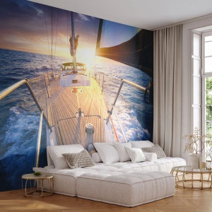 Fotomurali Standard Eco - Yacht di lusso in mare al tramonto - 100x70cm - Correndo sulle onde - Decorazione murale moderna per soggiorno e camera da letto ARTTOR
