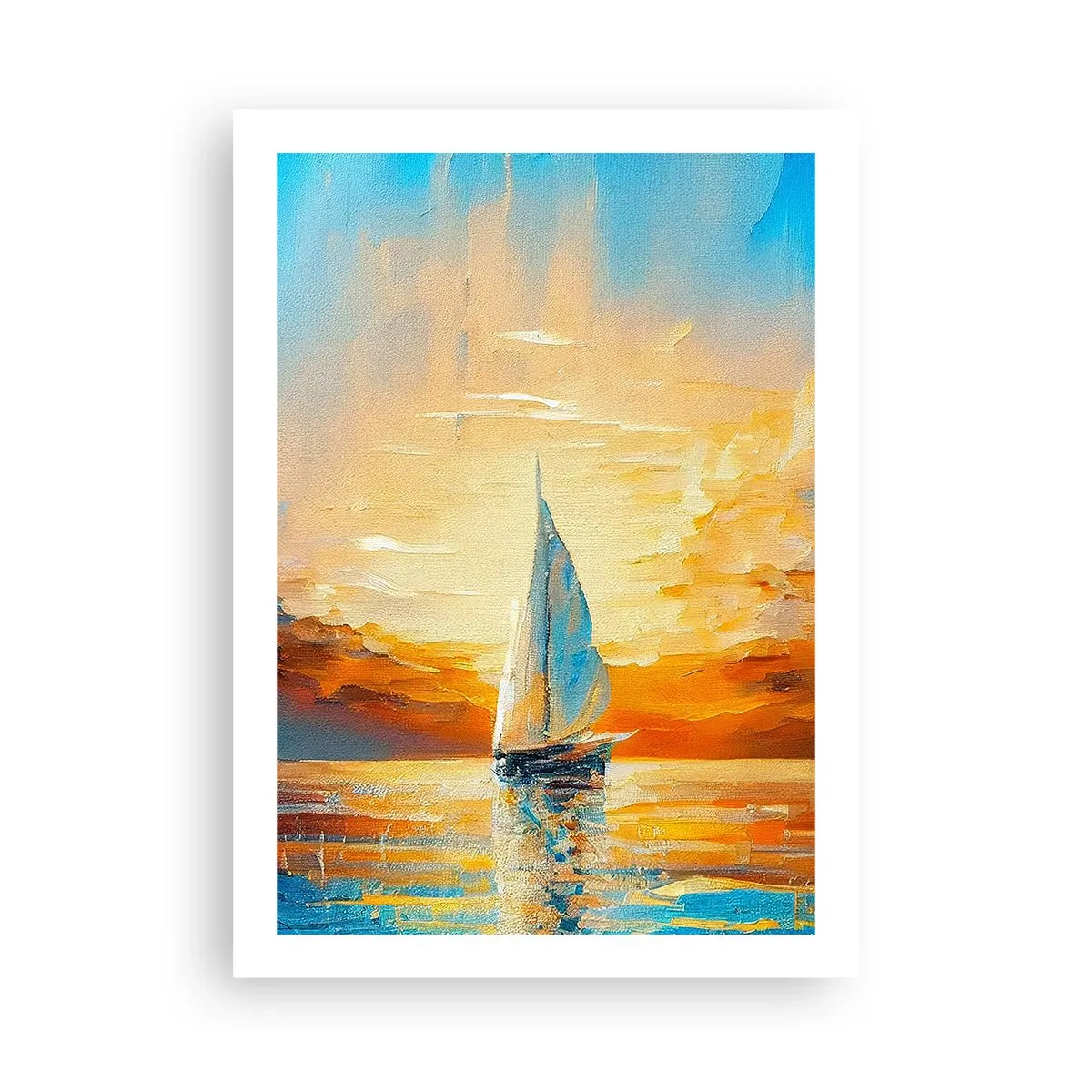 Poster - Una barca a vela sullo sfondo di un tramonto dorato - 50x70cm - Navigando nell'oro - Decorazione murale moderna per soggiorno e camera da letto ARTTOR
