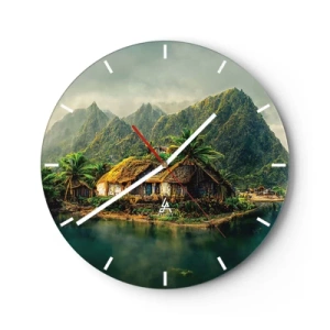 Orologio da parete - Orologio in Vetro - Capanne di palme sull'acqua circondate da montagne tropicali - 30x30cm - Paradiso tropicale - Decorazione murale moderna per soggiorno, cucina e camera da letto ARTTOR