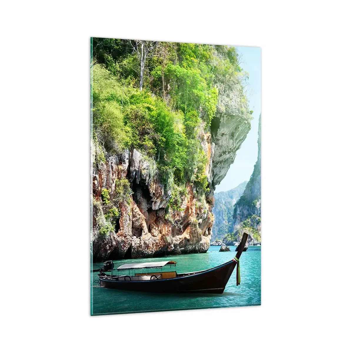 Quadro su vetro - Una barca tradizionale sullo sfondo di scogliere tropicali e acque turchesi - 80x120cm - Invito a un viaggio esotico - Decorazione murale moderna per soggiorno e camera da letto ARTTOR