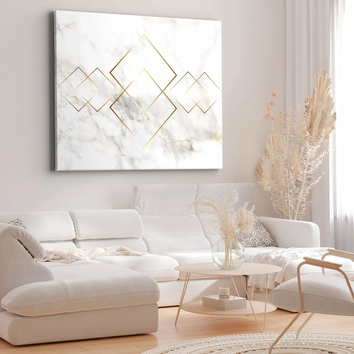 Quadro su tela - Stampe su Tela - Rombi dorati minimalisti su uno sfondo di marmo - 70x50cm - Vista sull'infinito - Decorazione murale moderna per soggiorno e camera da letto ARTTOR