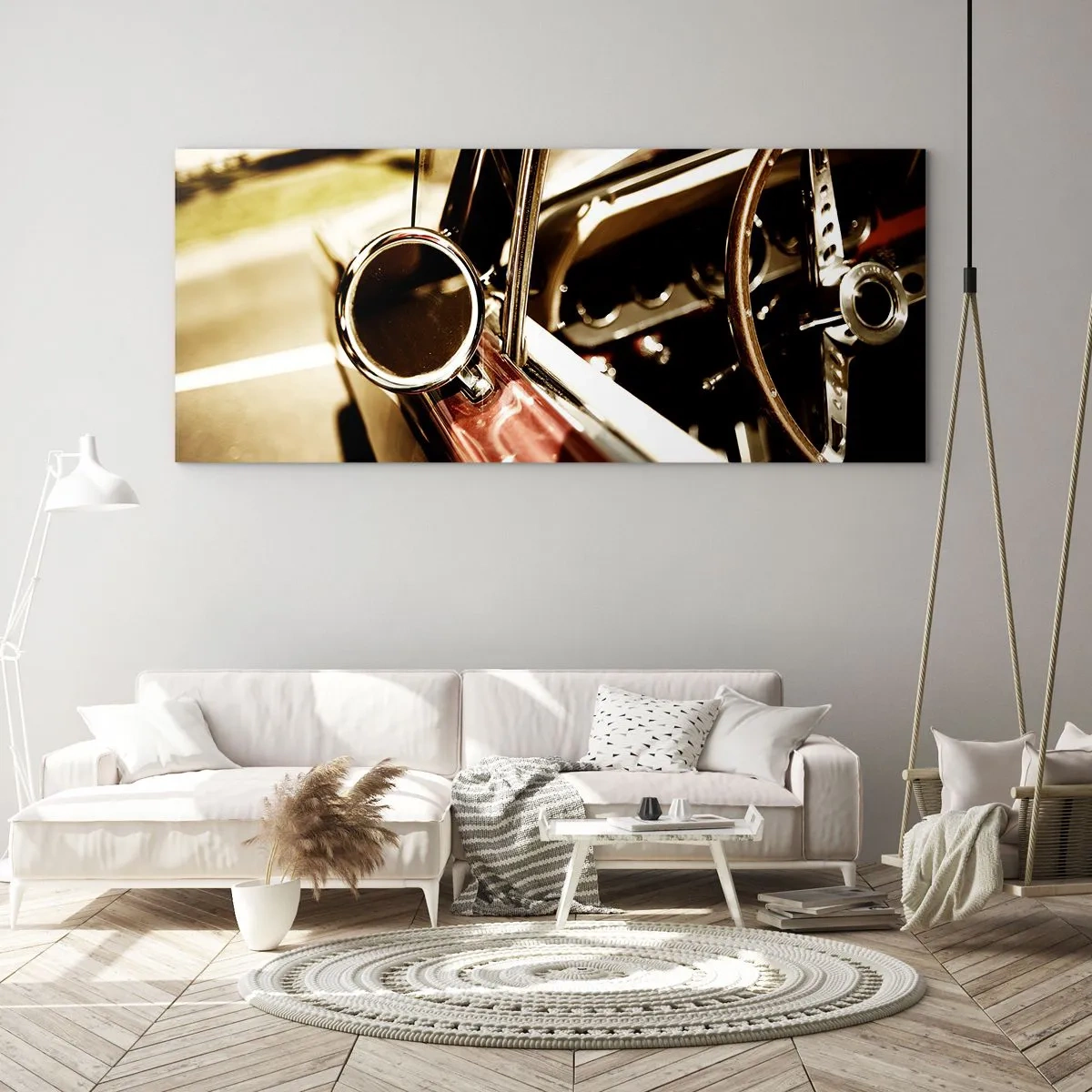 Quadro su vetro - Primo piano dello specchietto e degli interni di un'auto retrò classica - 140x50cm - Auto con un'anima - Decorazione murale moderna per soggiorno e camera da letto ARTTOR