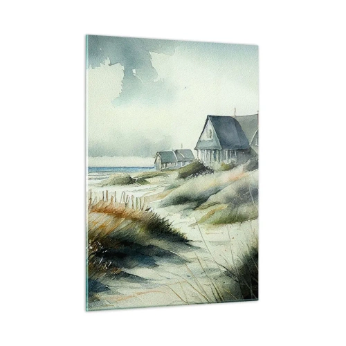 Quadro su vetro - Case sulle dune in riva al mare sotto un cielo nuvoloso - 50x70cm - Lontano dal caos - Decorazione murale moderna per soggiorno e camera da letto ARTTOR