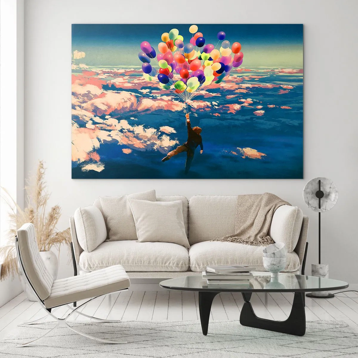 Quadro su vetro - Una figura trasportata in aria da palloncini colorati - 100x70cm - Il sogno dell'infanzia realizzato - Decorazione murale moderna per soggiorno e camera da letto ARTTOR
