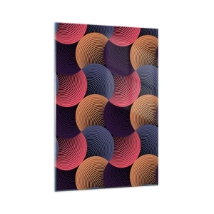 Quadro su vetro - Cerchi geometrici nelle tonalità del rosa, viola e oro - 70x100cm - Al ritmo delle sfere - Decorazione murale moderna per soggiorno e camera da letto ARTTOR