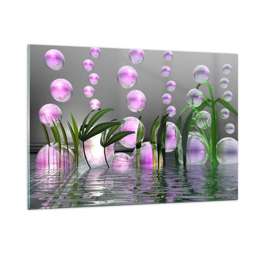 Quadro su vetro - Bolle viola che galleggiano sopra l'acqua con le piante - 120x80cm - Composizione meditativa su leggerezza e vita - Decorazione murale moderna per soggiorno e camera da letto ARTTOR