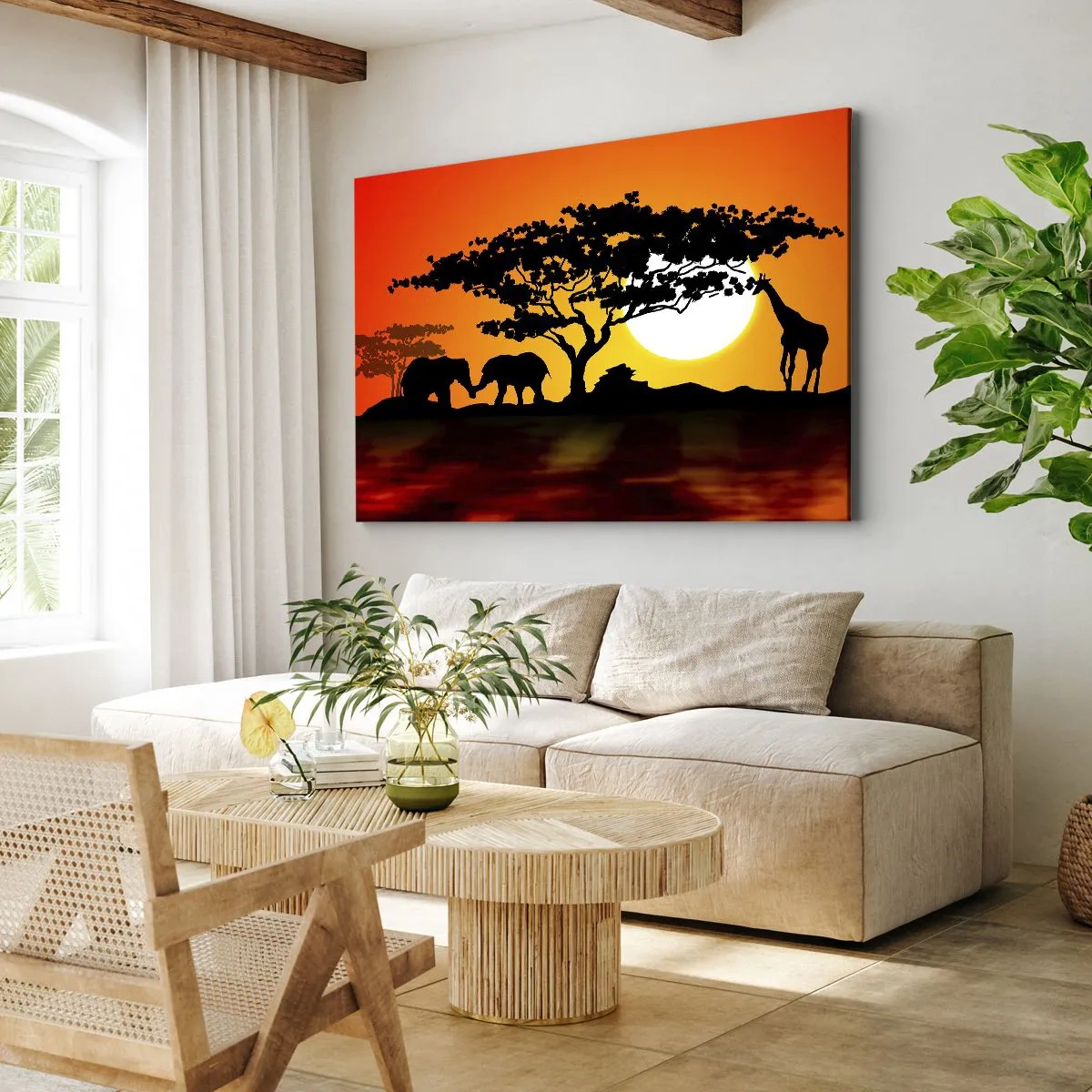 Quadro su tela - Stampe su Tela - Tramonto africano con sagome di elefanti e giraffe sull'acqua - 70x50cm - Incontro nella savana - Decorazione murale moderna per soggiorno e camera da letto ARTTOR