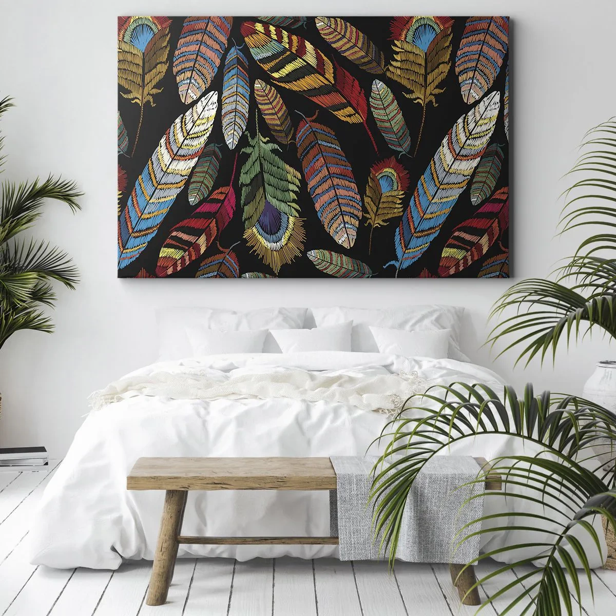 Quadro su tela - Stampe su Tela - Piume colorate su sfondo nero - 120x80cm - Il carnevale degli uccelli - Decorazione murale moderna per soggiorno e camera da letto ARTTOR